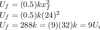 U_{f} = (0.5) k x_{f}^{2}\\U_{f} = (0.5) k (24)^{2}\\U_{f} = 288 k = (9) (32) k = 9 U_{i}