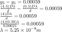 y_{5} - y_{1} = 0.00059\\\frac{(4.5) D \lambda}{d} - \frac{(0.5) D \lambda}{d} = 0.00059\\\frac{(4) D \lambda}{d} = 0.00059\\\frac{(4) (0.59) \lambda}{0.00021} = 0.00059\\ \lambda = 5.25\times10^{-8} m