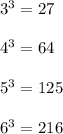 3^3=27\\\\4^3=64\\\\5^3=125\\\\6^3=216