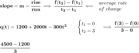 \bf slope = {{ m}}= \cfrac{rise}{run} \implies &#10;\cfrac{{{ f(t_2)}}-{{ f(t_1)}}}{{{ t_2}}-{{ t_1}}}\impliedby &#10;\begin{array}{llll}&#10;average\ rate\\&#10;of\ change&#10;\end{array}&#10;\\\\\\&#10;%q(t)=1200+2000t−300t^2&#10;q(t)=1200+2000t-300t^2\qquad &#10;\begin{cases}&#10;t_1=0\\&#10;t_2=3&#10;\end{cases}\implies \cfrac{f(3)-f(0)}{3-0}&#10;\\\\\\&#10;\cfrac{4500-1200}{3}