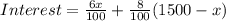 Interest=\frac{6x}{100}+\frac{8}{100}(1500-x)