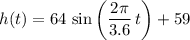 \displaystyle h(t) = 64\, \sin \left(\frac{2\pi}{3.6}\,t\right) + 59