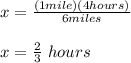 x=\frac{(1mile)(4hours)}{6miles}\\\\x=\frac{2}{3}\ hours