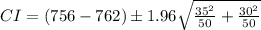 CI=\left(756-762\right)\pm 1.96\sqrt{\frac{35^{2}}{50}+\frac{30^{2}}{50}}