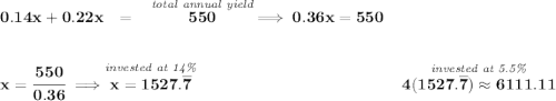\bf 0.14x+0.22x~~=~~\stackrel{\textit{total annual yield}}{550}\implies 0.36x=550 \\\\\\ x=\cfrac{550}{0.36}\implies \stackrel{\textit{invested at 14\%}}{x=1527.\overline{7}}~\hfill \stackrel{\textit{invested at 5.5\%}}{4(1527.\overline{7})\approx 6111.11}