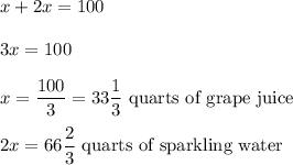 x+2x=100\\ \\3x=100\\ \\x=\dfrac{100}{3}=33\dfrac{1}{3}\text{ quarts of grape juice}\\ \\2x=66\dfrac{2}{3}\text{ quarts of sparkling water}
