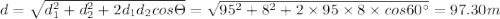 d=\sqrt{d_1^2+d_2^2+2d_1d_2cos\Theta }=\sqrt{95^2+8^2+2\times 95\times 8\times cos60^{\circ}}=97.30m