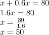 x + 0.6x = 80\\1.6x=80\\x=\frac{80}{1.6}\\x=50