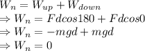 W_n=W_{up}+W_{down}\\\Rightarrow W_n=Fdcos180+Fdcos0\\\Rightarrow W_n=-mgd+mgd\\\Rightarrow W_n=0