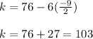 k = 76 - 6( \frac{-9}{2})\\\\k = 76 + 27 = 103