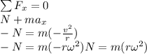 \sum F_{x} =0\\N+ ma_{x}\\-N=m(-\frac{v^{2}}{r})\\-N=m(-r\omega^{2})N=m(r\omega^{2})