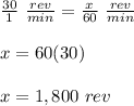 \frac{30}{1}\ \frac{rev}{min}=\frac{x}{60}\ \frac{rev}{min}\\\\x=60(30)\\\\x=1,800\ rev