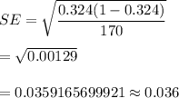 SE=\sqrt{\dfrac{0.324(1-0.324)}{170}}\\\\=\sqrt{0.00129}\\\\=0.0359165699921\approx0.036