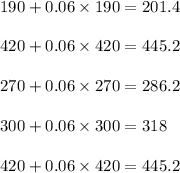 190+0.06\times190=201.4\\\\420+0.06\times420=445.2\\\\270+0.06\times270=286.2\\\\300+0.06\times300=318\\\\420+0.06\times420=445.2