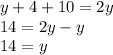 y + 4 + 10 = 2y\\14 = 2y-y\\14 = y