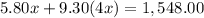 5.80x+9.30(4x)=1,548.00