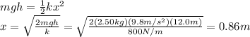 mgh=\frac{1}{2}kx^2\\x=\sqrt{\frac{2mgh}{k}}=\sqrt{\frac{2(2.50 kg)(9.8 m/s^2)(12.0 m)}{800 N/m}}=0.86 m