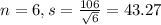 n = 6, s = \frac{106}{\sqrt{6}} = 43.27
