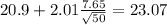 20.9+2.01\frac{7.65}{\sqrt{50}}=23.07