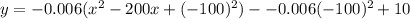 y =  - 0.006 ({x}^{2}   - 200x + ( - 100)^{2}  ) -  - 0.006( - 100)^{2} + 10