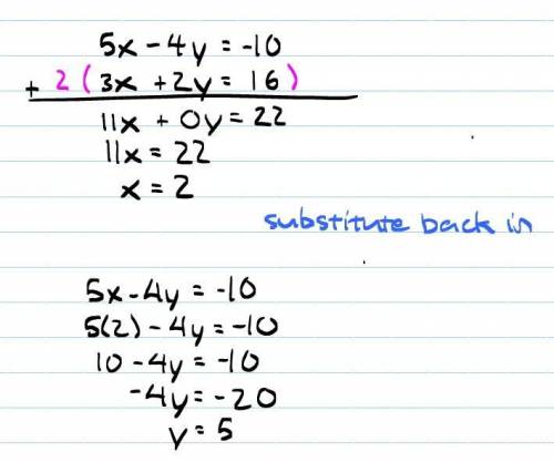 Find the solution to the system of equations. write the solution as an ordered pair. 5x – 4y = -10 3