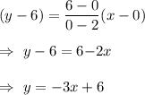 (y-6)=\dfrac{6-0}{0-2}(x-0)\\\\\Rightarrow\ y-6=\dfrca{6}{-2}x\\\\\Rightarrow\ y=-3x+6