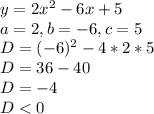 y = 2x^2 - 6x + 5\\a=2,b=-6,c=5\\D=(-6)^2-4*2*5\\D=36-40\\D=-4\\D