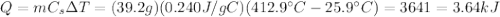 Q=m C_s \Delta T=(39.2 g)(0.240 J/gC)(412.9^{\circ}C-25.9^{\circ}C)=3641=3.64 kJ