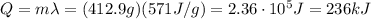 Q=m\lambda=(412.9 g)(571 J/g)=2.36\cdot 10^5 J=236 kJ