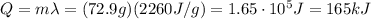 Q=m\lambda=(72.9 g)(2260 J/g)=1.65\cdot 10^5 J=165 kJ