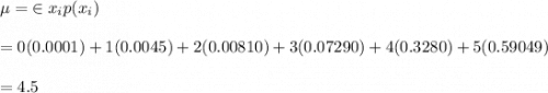 \mu =  \; \in   x_i p (x_i)\\  \\= 0 (0.0001) + 1 (0.0045)  + 2 (0.00810) + 3 (0.07290) + 4 ( 0.3280) + 5(0.59049)\\\\= 4.5