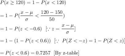 P(x\geq120)=1-P(x