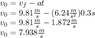 v_0=v_f-at\\v_0=9.81\frac{m}{s}-(6.24\frac{m}{s^2})0.3s\\v_0=9.81\frac{m}{s}-1.872\frac{m}{s}\\v_0=7.938\frac{m}{s}