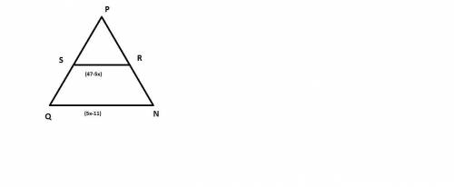 In the diagram below of triangle npq, r is a midpoint of np and s is a midpoint of pq. if rs = 47 -