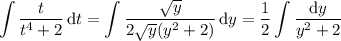 \displaystyle\int\frac t{t^4+2}\,\mathrm dt=\int\frac{\sqrt y}{2\sqrt y(y^2+2)}\,\mathrm dy=\frac12\int\frac{\mathrm dy}{y^2+2}