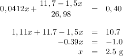 \begin{array}{rcl}0,0412x + \dfrac{ 11,7 - 1,5x }{26,98} &= &0,40\\\\ 1,11x + 11.7 - 1,5x &=& 10.7\\-0.39x& = &-1.0\\x &=& \text{2.5 g}\\\end{array}