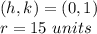 (h,k)=(0,1)\\r=15\ units