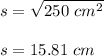 s=\sqrt{250\ cm^2}\\\\s=15.81\ cm