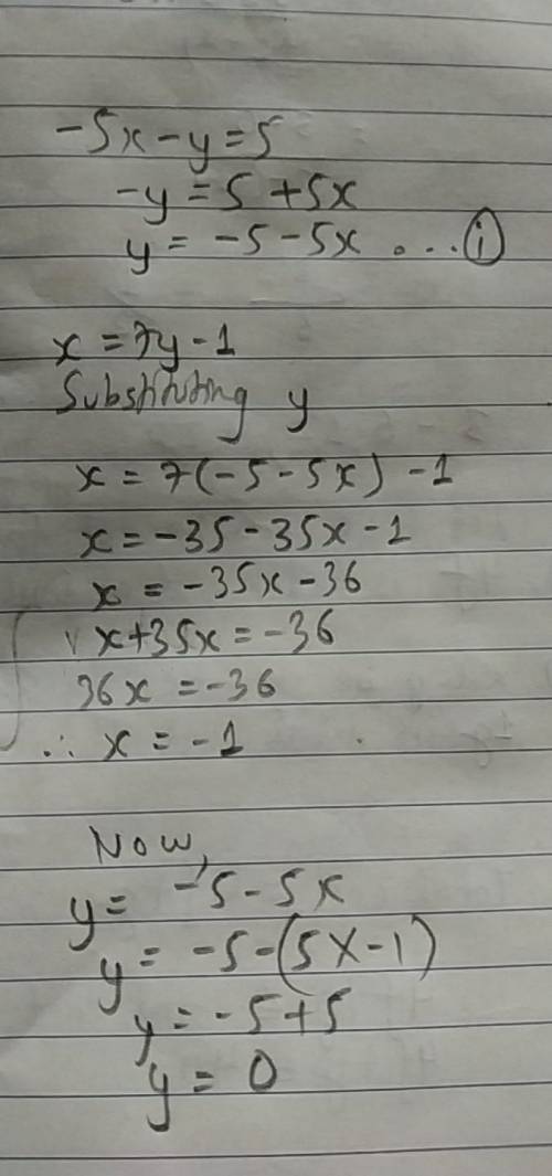 Will mark brainliest!  solve the system of equations below using substitution.  show all work {−5x−y
