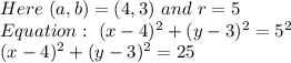 Here\ (a,b)=(4,3)\ and\ r=5\\Equation:\ (x-4)^2+(y-3)^2=5^2\\(x-4)^2+(y-3)^2=25