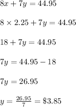 8x+7y=44.95\\\\8\times 2.25+7y =44.95\\\\18 + 7y = 44.95\\\\7y= 44.95-18\\\\7y = 26.95\\\\y=\frac{26.95}{7}= \$3.85
