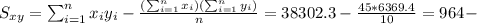 S_{xy}=\sum_{i=1}^n x_i y_i -\frac{(\sum_{i=1}^n x_i)(\sum_{i=1}^n y_i)}{n}=38302.3-\frac{45*6369.4}{10}=964-