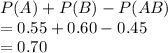 P(A)+P(B)-P(AB)\\= 0.55+0.60-0.45\\= 0.70