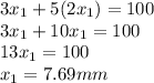 3x_1+5(2x_1)}=100\\3x_1+10x_1=100\\13x_1=100\\x_1=7.69 mm