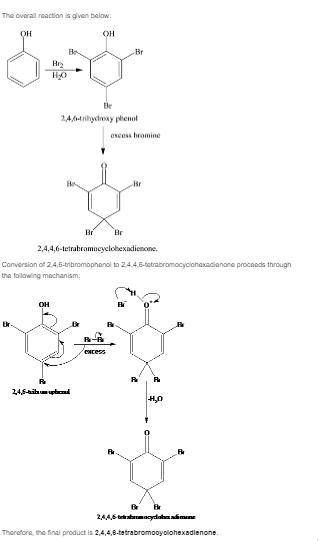 Treatment of phenol with excess aqueous bromine is actually more complicated than expected. a white
