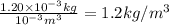\frac{1.20\times 10^{-3}kg}{10^{-3}m^3}=1.2kg/m^3