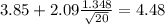3.85 + 2.09 \frac{1.348}{\sqrt{20}}=4.48