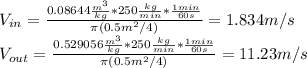 V_{in}=\frac{0.08644\frac{m^3}{kg} *250\frac{kg}{min}*\frac{1min}{60s}}{\pi(0.5m^2/4)}=1.834m/s\\V_{out}=\frac{0.529056\frac{m^3}{kg} *250\frac{kg}{min}*\frac{1min}{60s}}{\pi(0.5m^2/4)}=11.23m/s