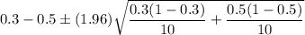 0.3-0.5\pm (1.96)\sqrt{\dfrac{0.3(1-0.3)}{10}+\dfrac{0.5(1-0.5)}{10}}