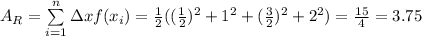 A_R=\sum\limits^{n}_{i=1}\Delta xf(x_i) =\frac{1}{2}((\frac{1}{2})^2+1^2+(\frac{3}{2})^2+2^2)=\frac{15}{4}=3.75
